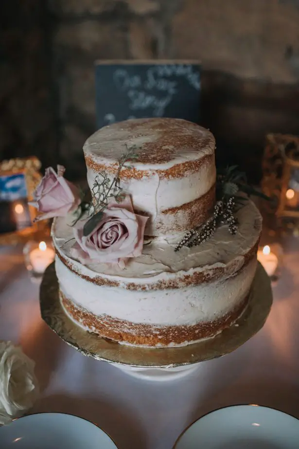 White Naked wedding cake with natural flowers pink roses - Kendra Harper Photography