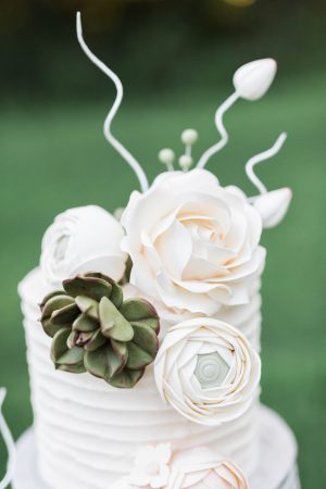 white and gray wedding cake with succulants - Sarah Sunstrom Photography