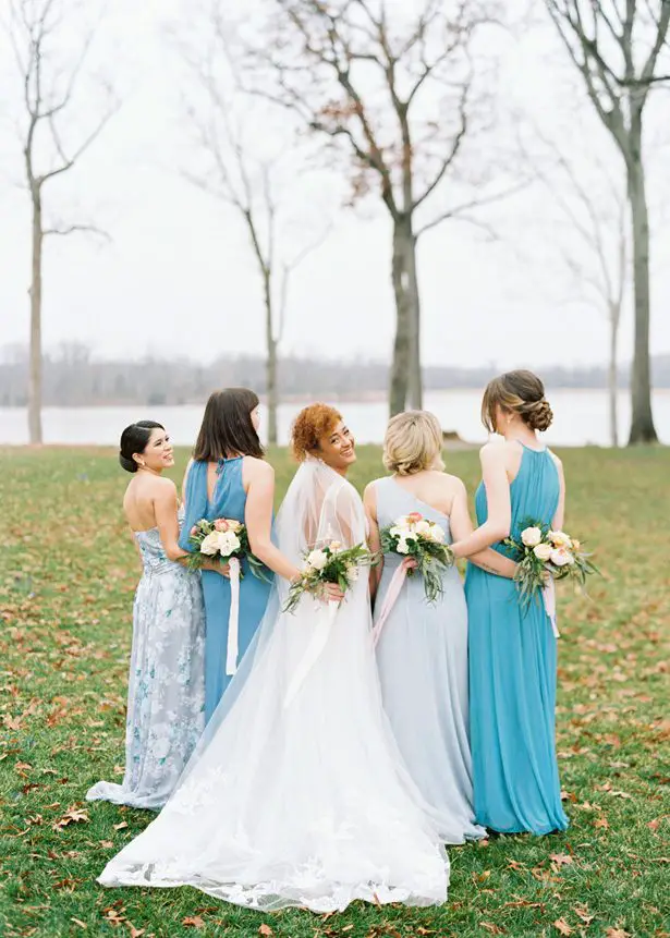 Long Blue Mismatched Bridesmaid Dresses by David's Bridal - Photography: The Mallorys