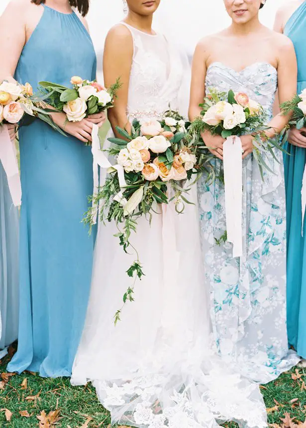 Long Blue Mismatched Bridesmaid Dresses by David's Bridal - Photography: The Mallorys