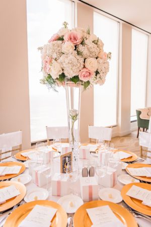 Tall wedding centerpiece with pink and white flowers - Classic Blush Wedding at The Houston Club - Nate Messarra Photography