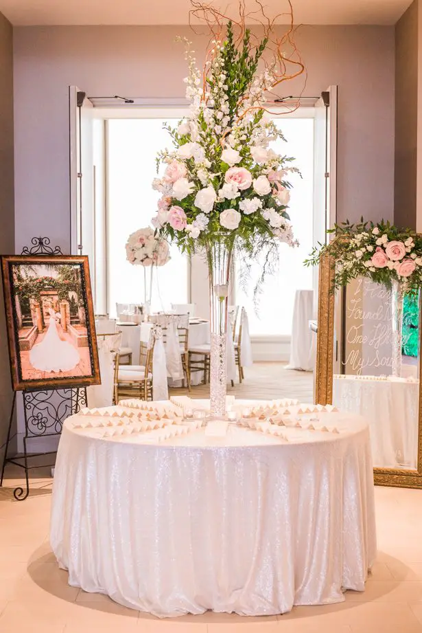 Tall wedding centerpiece with pink and white flowers - Classic Blush Wedding at The Houston Club - Nate Messarra Photography