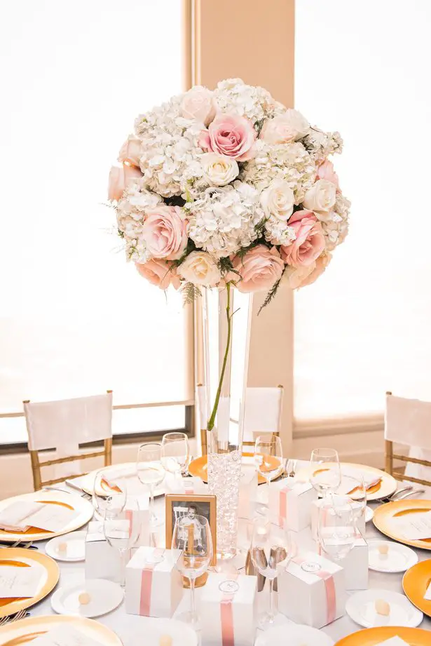 Tall wedding centerpiece with pink and white flowers - Classic Blush Wedding at The Houston Club - Nate Messarra Photography