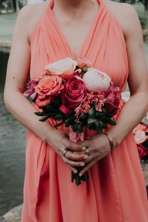 bridesmaid coral bouquet and dress - Kelli Wilke Photography