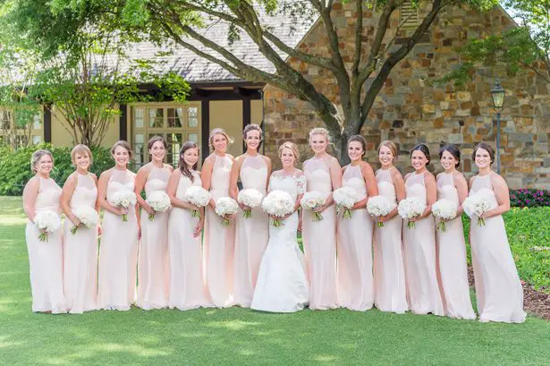 Long blush bridesmaid dresses- Heather Durham Photography