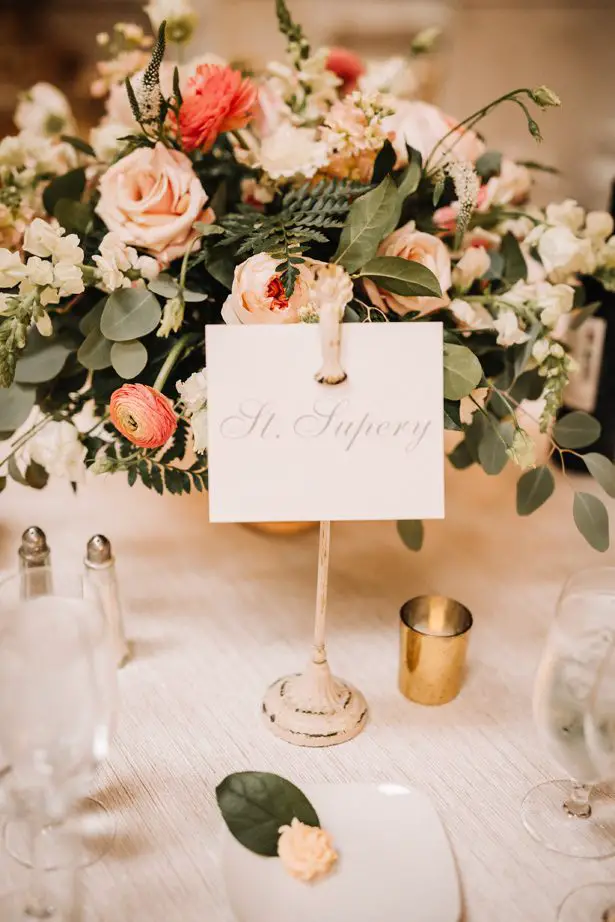 Low wedding centerpiece and table number - Mann and Wife Photography