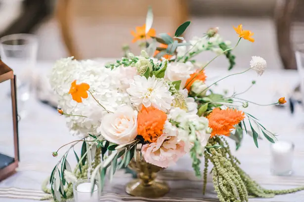 Short Wedding Table Centerpiece with Orange Accents - Krystal Healy Photography