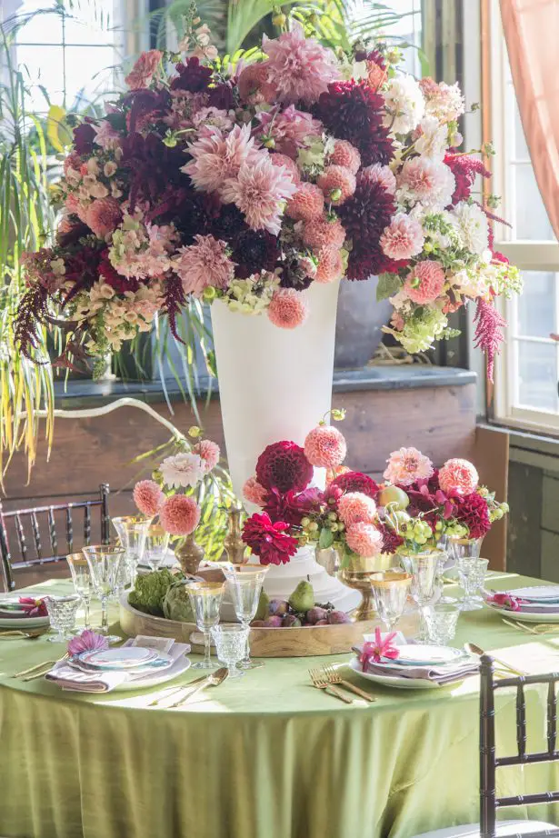 Tall wedding centerpiece with burgundy and blush flowers - Photography: Szu Designs, Inc