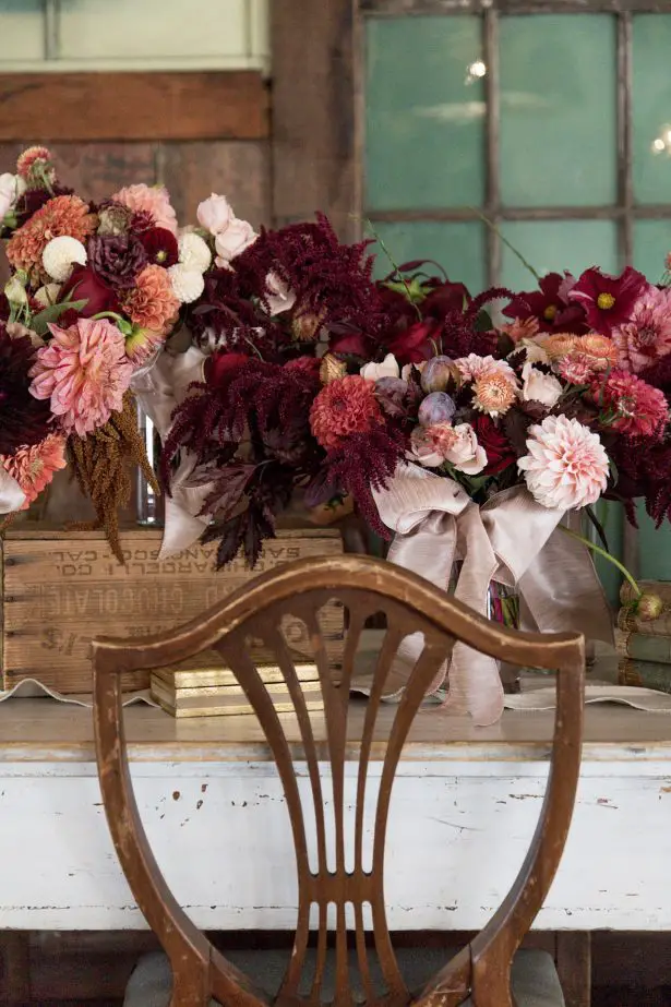 Wedding tablescape with burgundy centerpiece - Photography: Szu Designs, Inc 