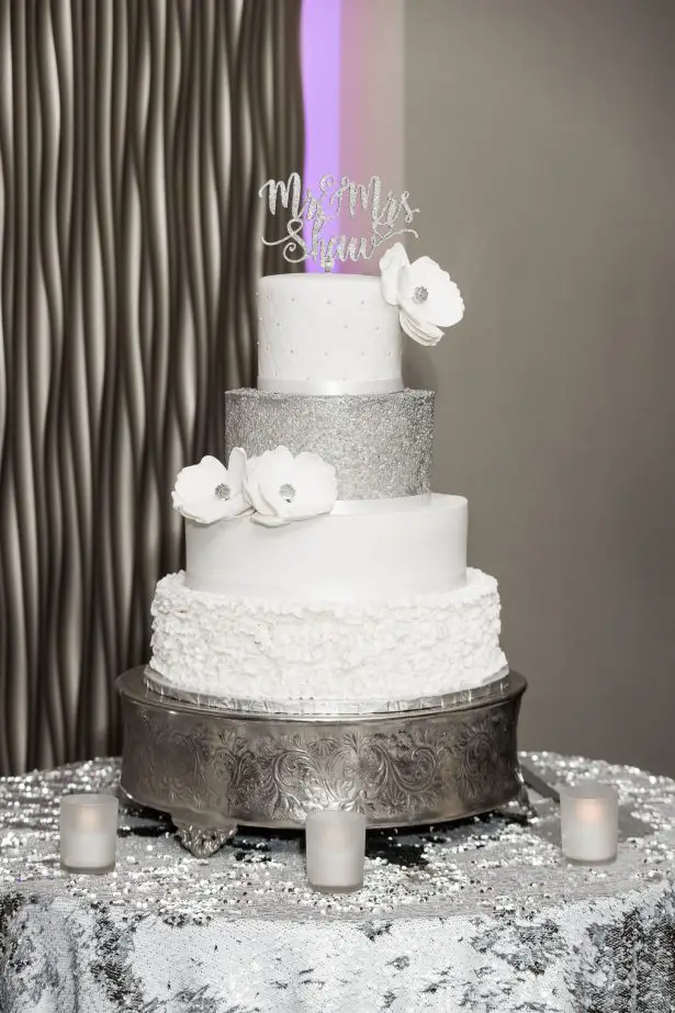 Glamorous White and silver metallic wedding cake - Lynne Reznick Photography
