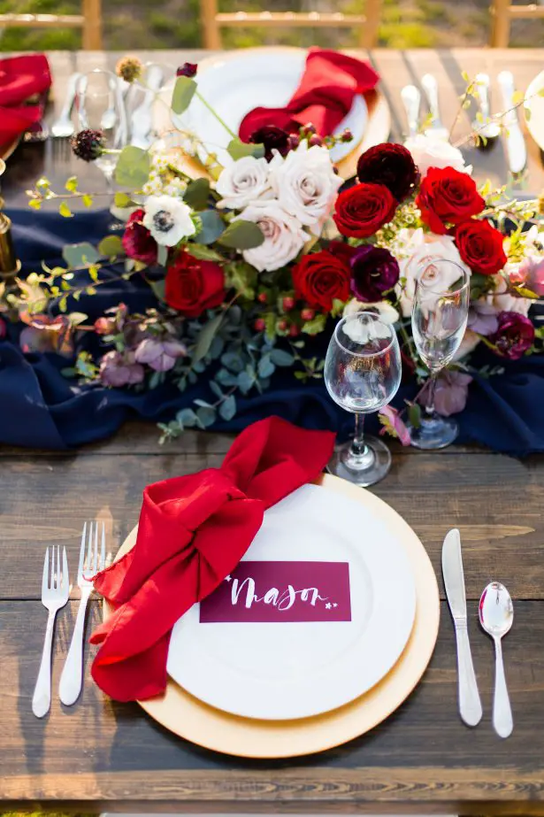 Burgundy and navy wedding place setting - Holley Elizabeth Photography
