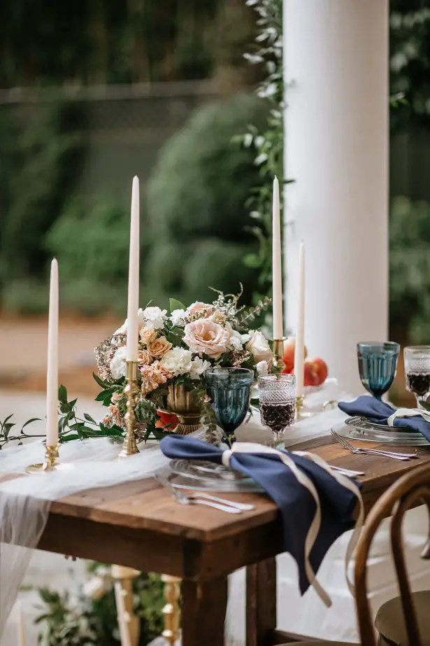Blush and blue Long wood wedding tablescape - Amanda Meg Photography