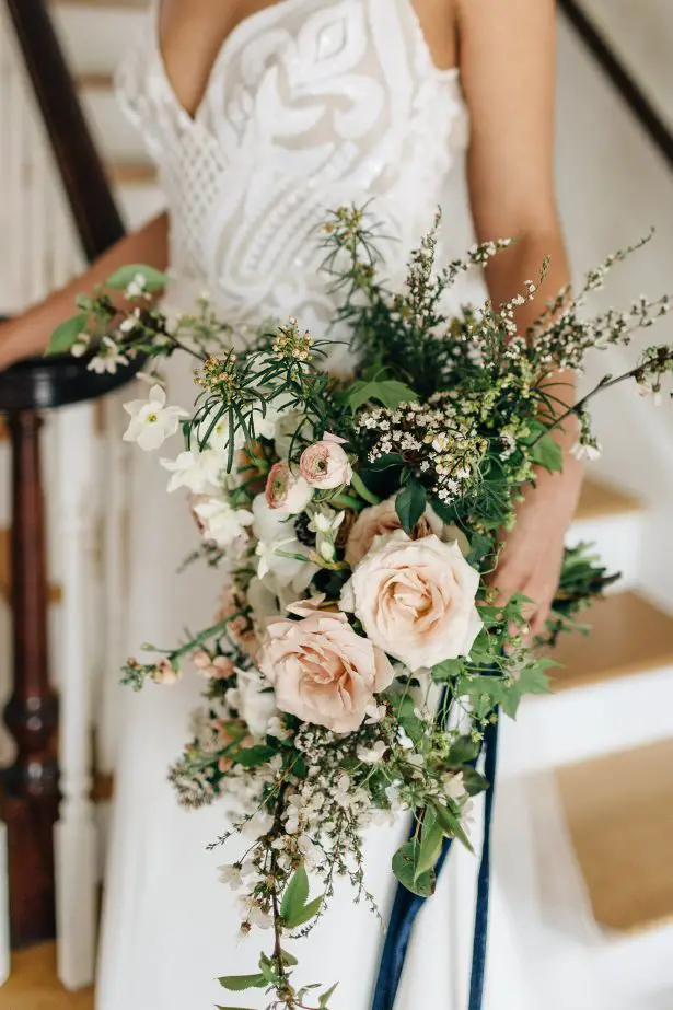 Cascading wedding bouquet with garden roses- Amanda Meg Photography