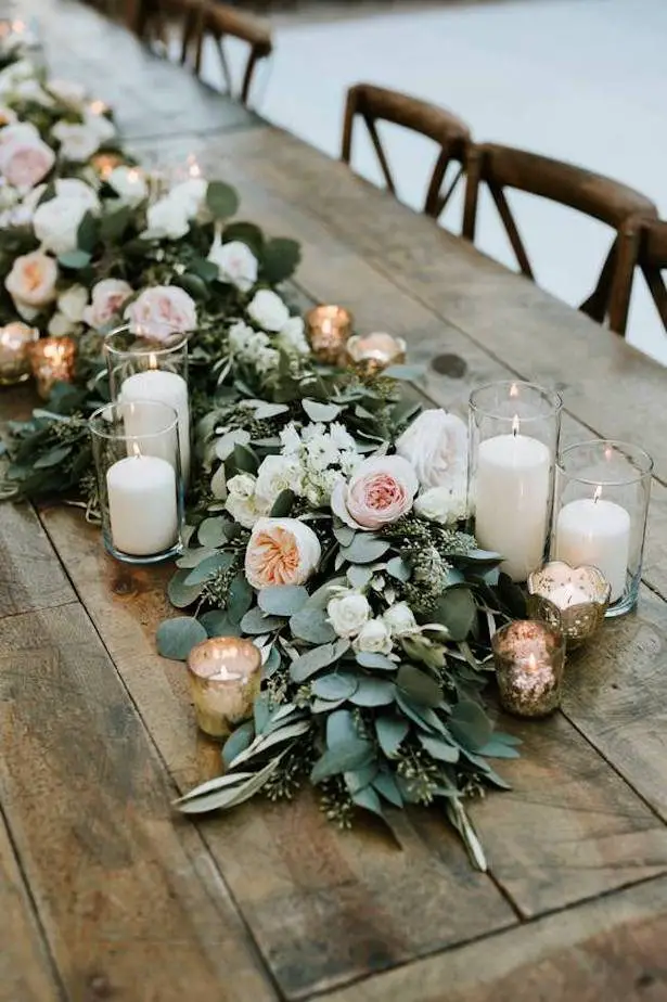 Greenery garland wedding centerpiece with flowers - Life in Bloom