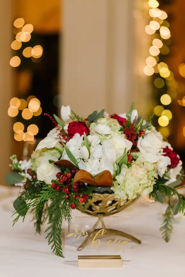 Short winter wedding centerpiece and table number - Urban Row Photography