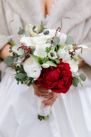 Winter Wedding bouquet with red and burgundy peony - Urban Row Photography