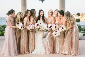 Fun bridesmaids photo with sequin rose gold bridesmaids dresses A Glamorous Wedding with Fireworks - Rachael Hall Photography