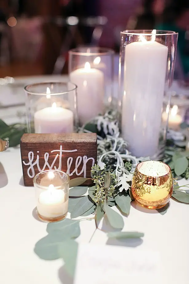 Low wedding centerpiece and table number - Soul Creations Photography