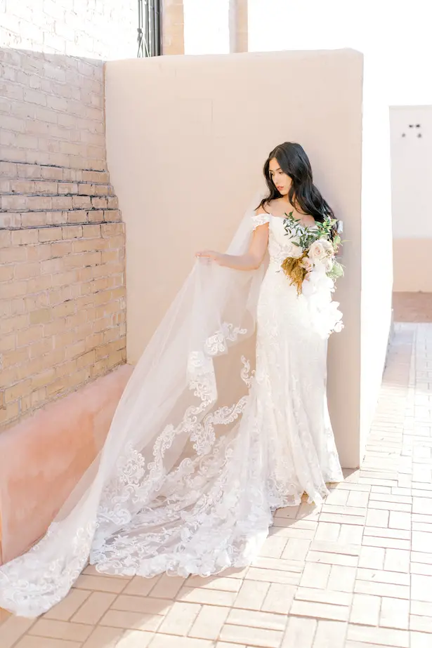 Lace off the shoulder sheath wedding dress by Allure Bridals - Sparrow and Gold Photography
