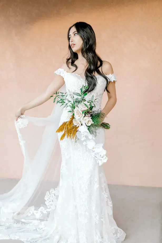 Lace off the shoulder sheath wedding dress by Allure Bridals - Sparrow and Gold Photography
