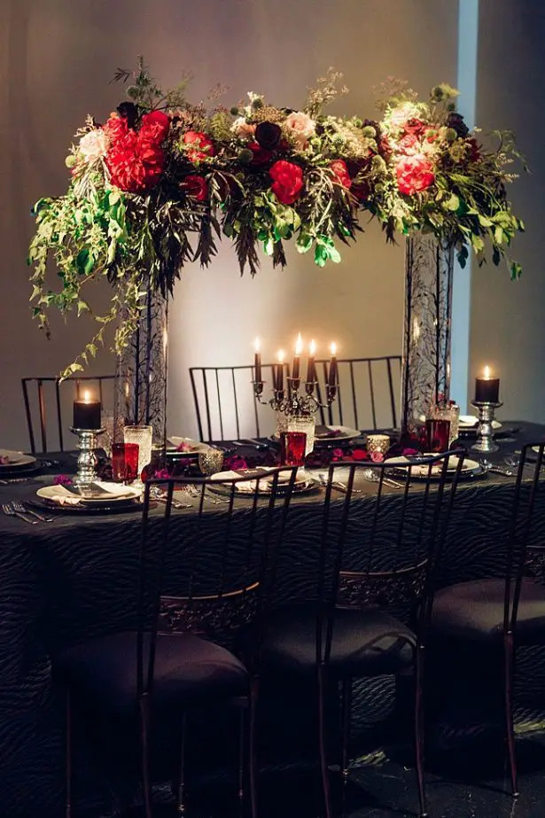 Black and red wedding reception tablescape - Little Honey Photography