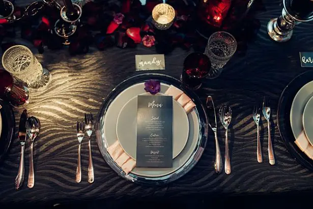 Black wedding reception and black table linens - Little Honey Photography