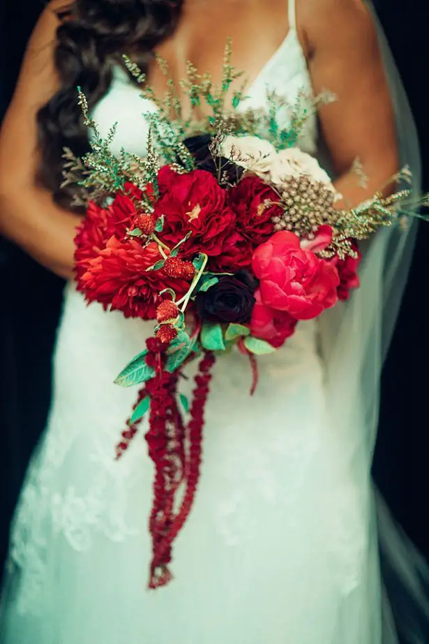 Cascading red brides bouquet for wedding - Little Honey Photography
