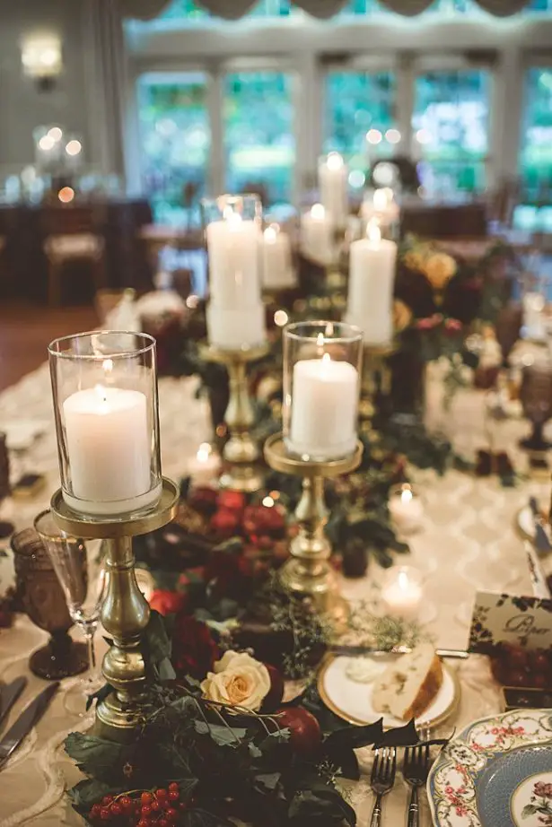 Candle lit reception with burgundy flowers and gold details - Aileen Elizabeth Photography