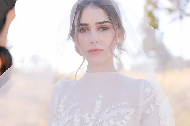 Classic bridal portrait of bride under her veil with updo - Photo: Tiffany Hudson Films
