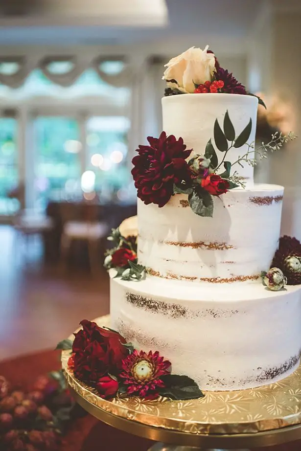 Elegant Fall Wedding cake with burgundy flowers - Aileen Elizabeth Photography
