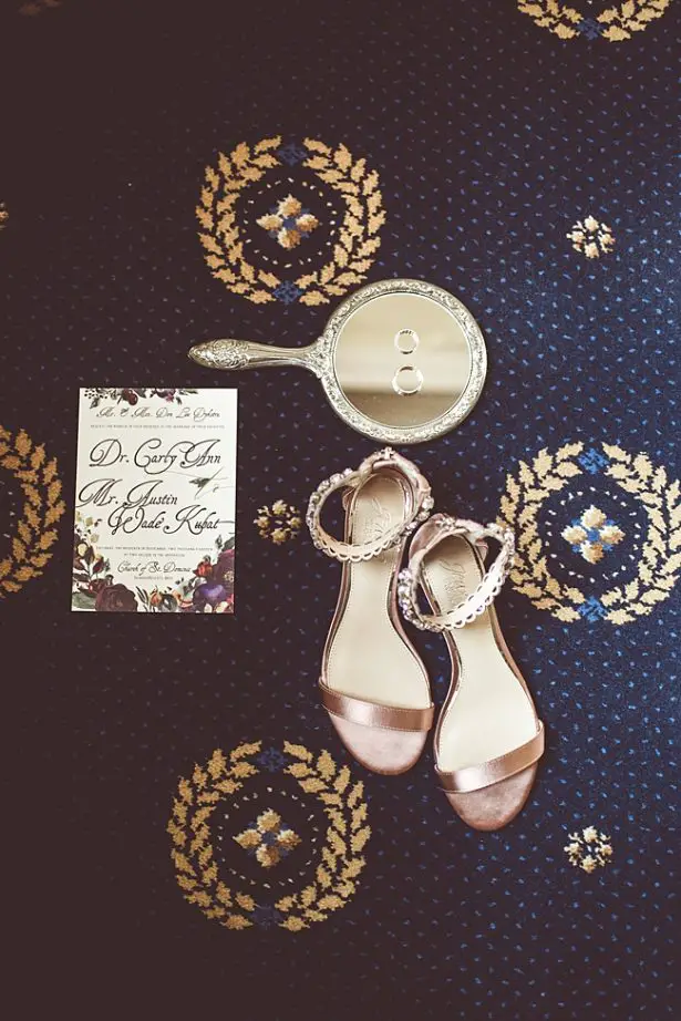 Elegant Fall Wedding details with Badley Mischka wedding heels and silver mirror - Aileen Elizabeth Photography