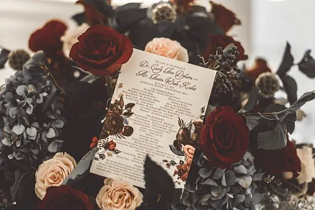 Elegant Fall Wedding invitation on burgundy wedding bouquet - Aileen Elizabeth Photography