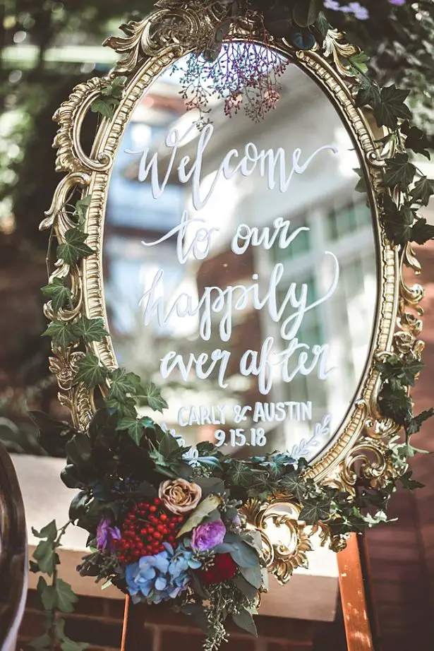 Elegant Fall Wedding welcome sign with calligraphy on a mirror - Aileen Elizabeth Photography