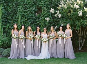 Napa Wedding bridal party with grey dresses and white and greenery wedding bouquets - O’Malley Photography