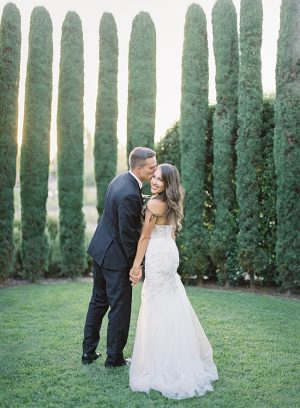 Napa Wedding with bride and groom at sunset with cypress trees- O’Malley Photography