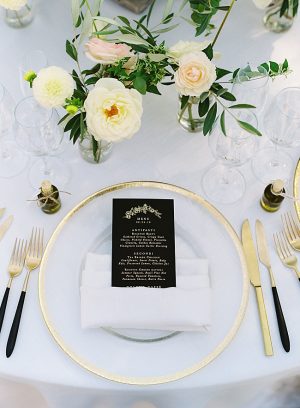 Romantic black reception dinner menu with gold place setting- O’Malley Photography