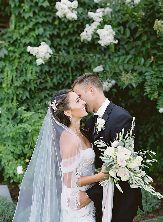Romantic wedding look for bride and groom black tie wedding in Napa - O’Malley Photography
