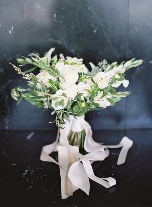 Romantic white wedding bouquet with greenery and ribbons - O’Malley Photography