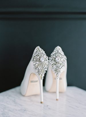 Stunning white badgley mischka wedding heels with diamond details - O’Malley Photography