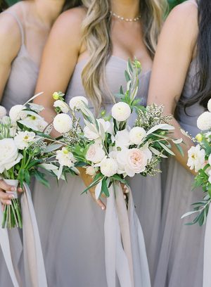 White and greenery bridesmaids bouquets and light grey bridesmaids dresses - O’Malley Photography