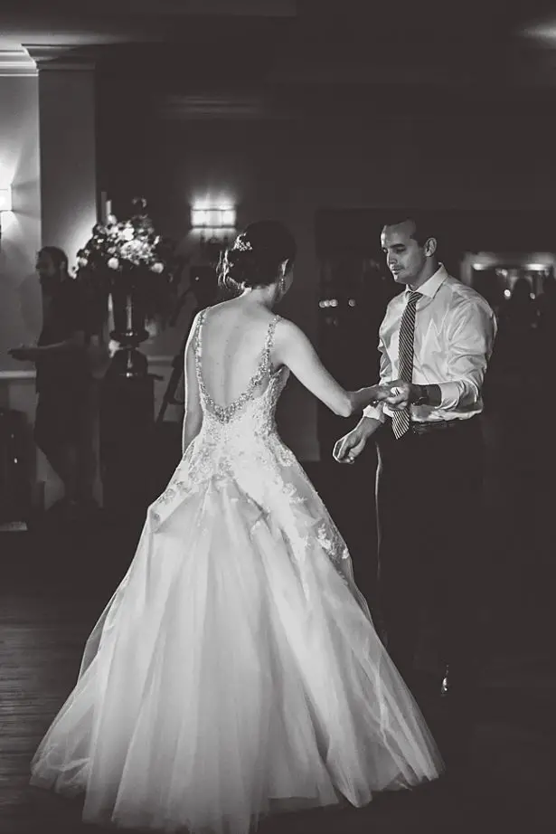 black and white photo of bride and groom during their first dance - Aileen Elizabeth Photography