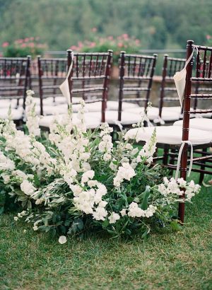 All white and greenery wedding ceremony flowers for the aisle- Purewhite Photography