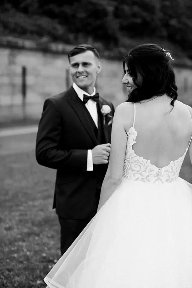 Country Club Wedding with bride in low back lace and tulle ballroom gown - Bluespark Photography