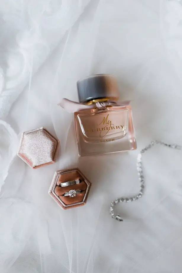 My burberry perfume for bride and white gold wedding bands and tennis bracelet - Bluespark Photography