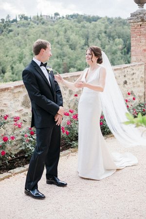 Tuscany Wedding first look with bride and groom - Purewhite Photography