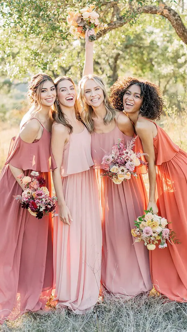 Peachy pink 2025 bridesmaid dresses