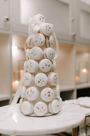 Unique white macaron wedding dessert display- Foolishly Rushing In Photography