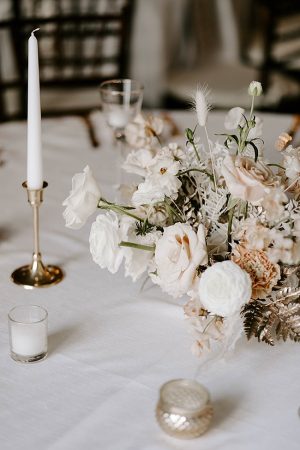 Unique white and gold wedding reception centerpieces- Foolishly Rushing In Photography