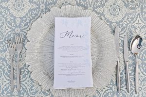 Classy blue and white wedding reception place setting with menu - Photography: JBJ Pictures