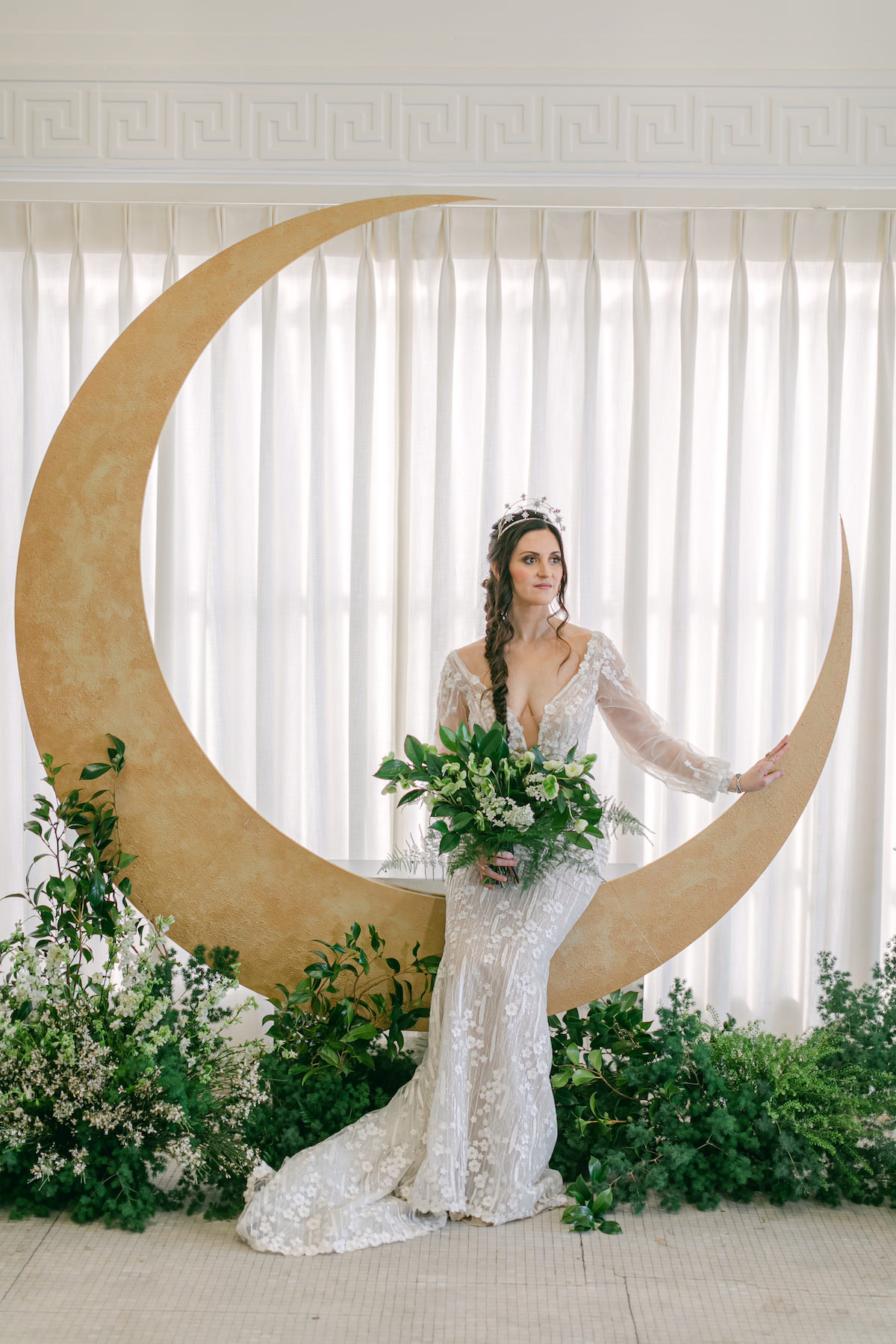 Celestial Wedding with gold moon ceremony installation - Lily Tapia Photography